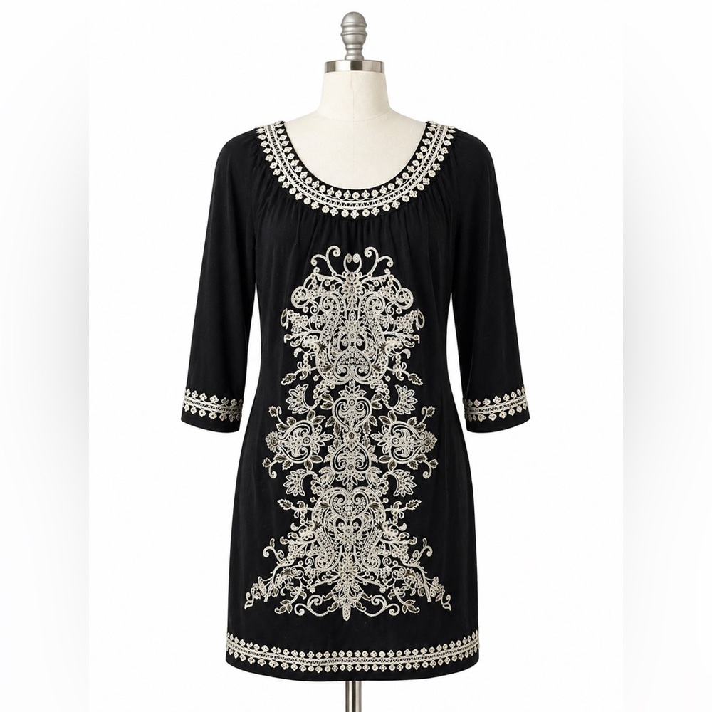 INC International Concepts Black Embroidered Tunic Dress | Boho Lace Detail